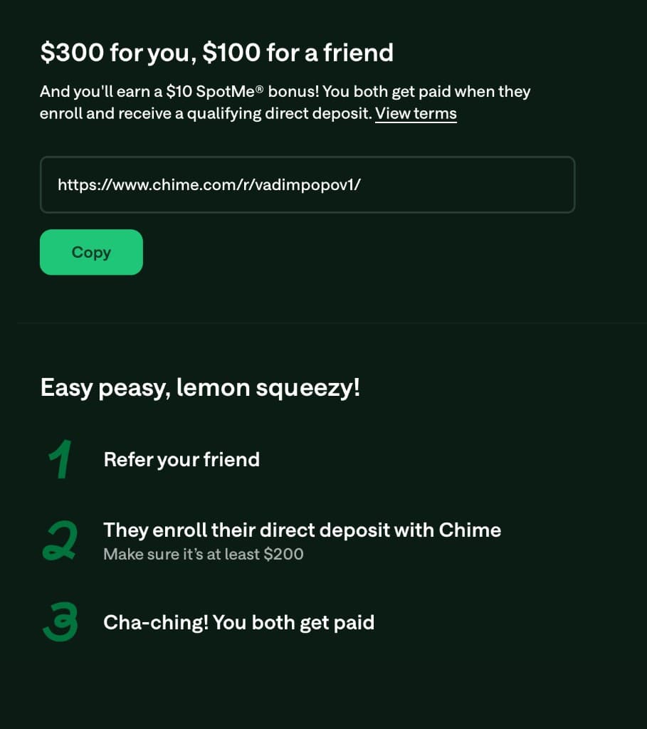 Chime invite screen showing referral link and step-by-step instructions